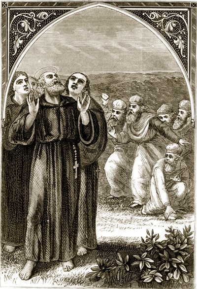 St. Columba zpívá a je napaden druidy z knihy Trias Thaumaturga neboli Tři zázrační svatí Irska od Mary Cusack (1829-99) publikovaná kolem 90. let 19. století od Irish School