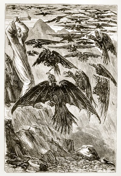 Svatý Patrik a démoni ptáci, z knihy Trias Thaumaturga neboli Tři zázrační svatí z Irska, od Mary Cusack (1829-99), publikováno kolem 90. let 19. století od Irish School