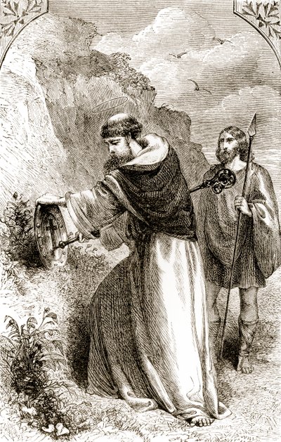 Svatý Patrik označuje Connalsův štít s křížem, z knihy The Trias Thuamaturga, or Three Wonder-Working Saints of Ireland, kterou napsala Mary Cusacková (1829-99), vydané kolem roku 1890. od Irish School