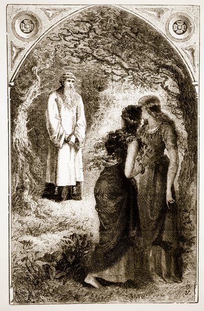 Svatý Patrik se setkal s pannami v lese Fochlut, z knihy Trias Thaumaturga neboli Tři zázrační svatí z Irska, od Mary Cusack (1829-99), vydáno kolem 90. let 19. století od Irish School