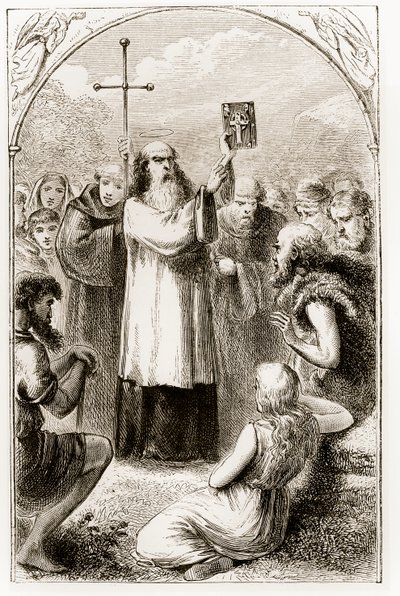 St. Patrick ukazuje lidu Irska Čtyři evangelia z knihy Trias Thaumaturga neboli Tři zázrační svatí Irska od Mary Cusack (1829-99) publikovaná kolem 90. let 19. století od Irish School