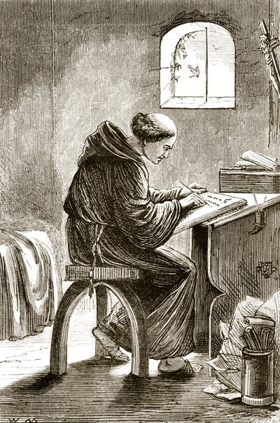 Svatý Vincent píše ve své cele ve Ferins z knihy Trias Thaumaturga neboli Tři zázrační svatí z Irska od Mary Cusack (1829-99) vydané kolem 90. let 19. století od Irish School