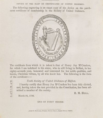 Pečeť Společnosti sjednocených Irů v Belfastu, asi 1792 (rytina) od Irish School