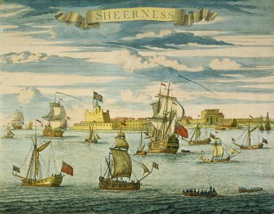 Sheerness, Kent, vyryl Johannes Kip (1652-1722) (ručně kolorovaná rytina) od Isaac (after) Sailmaker