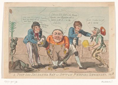 Kreslený film zobrazující kapitulaci batávské flotily v zálivu Saldanha, 1796 A Peep into Saldanha Bay nebo Dutch Perfidy Rewarded (název na objektu) od Isaac Cruikshank