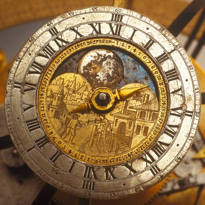 Detail ciferníku nebeského hodinového strojku od Isaac III Habrecht