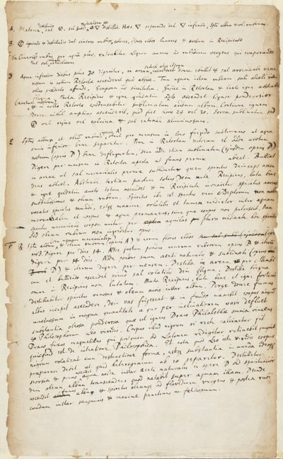 Záznam experimentu v šesti fázích počínaje destilací následovanou pálením, další destilací, odvarem, kalcinací a sublimací, cca 1700 od Isaac Newton