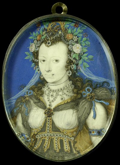 Portrét ženy jako Flora, cca 1600-17 (pergamen, stříbro a sklo) od Isaac Oliver