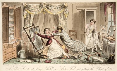 Krátký set na Longs Hotel nebo Stop-Ford nedostává to nejlepší, z hospody The English Spy. 1824 (ručně kolorovaná rytina) od Isaac Robert Cruikshank