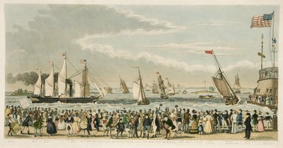 Příjezd Great Western Steam Ship u New Yorku v pondělí 23. dubna 1838, hospoda. 1842 (ručně kolorovaná rytina) od Isaac Robert Cruikshank