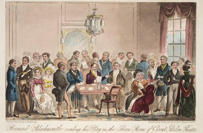 Bernard Blackmantle čte svou hru v Green Room divadla Covent Garden, z hospody The English Spy. 1824 (ručně kolorovaná rytina) od Isaac Robert Cruikshank