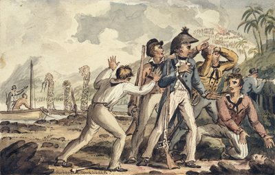 Kapitán Burney objevuje své zavražděné spolucestující, ilustrace z „The Voyages of Captain Cook“ od Isaac Robert Cruikshank