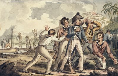 Kapitán Burney Objevuje své zavražděné spolucestující“, z Cesty kapitána Cooka od Isaac Robert Cruikshank