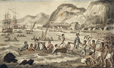Captain Cook Landing in Owyhee, ilustrace z „The Voyages of Captain Cook“ od Isaac Robert Cruikshank
