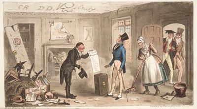 College Comforts, prvák, který se zmocnil jeho pokojů, z anglického špióna, hospoda. 1824 (ručně kolorovaná rytina) od Isaac Robert Cruikshank