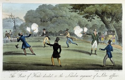 Souboj s pistolí pro srdeční záležitost - v „“The English spy”” Charles Molloy Westmacott, ill. od Roberta Cruikshanka, Londýn od Isaac Robert Cruikshank