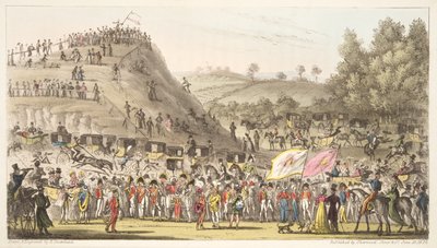 Eton Montem, a hora, Salt Hill, od The English Spy, pub. 1824 (ručně kolorovaná rytina) od Isaac Robert Cruikshank