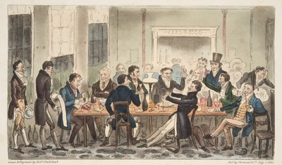 Večer a ve vysoké náladě, scéna v Longs Hotel, Bond Street, z hospody The English Spy. 1824 (ručně kolorovaná rytina) od Isaac Robert Cruikshank