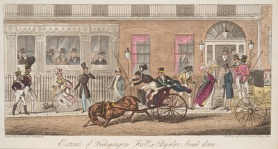 Exteriér Fishmongers Hall, St James Street, s výhledem na Regular Breakdown, z The English Spy, hospoda. 1824 (ručně kolorovaná rytina) od Isaac Robert Cruikshank