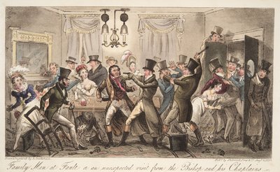 Family Men at Fault, aneb neočekávaná návštěva biskupa a jeho kaplanů, z hospody The English Spy. 1824 (ručně kolorovaná rytina) od Isaac Robert Cruikshank