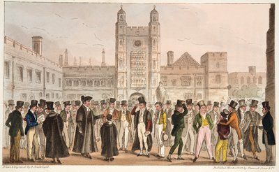 First Absence, neboli Etonians Answering Morning Master Roll, z The English Spy vydané v roce 1824 (ručně kolorovaná rytina) od Isaac Robert Cruikshank