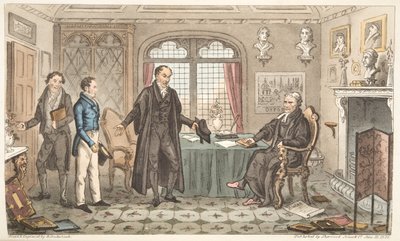 First Bow to Alma Mater, nebo Bernard Blackmantles úvod k Big Paruce, od The English Spy, vydáno Londýn, 1824 (ručně kolorovaná rytina) od Isaac Robert Cruikshank