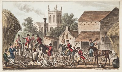 Going out; A view of Berkeley Hunt Kennel, from The English Spy published 1824, (hand coloured engraving) od Isaac Robert Cruikshank