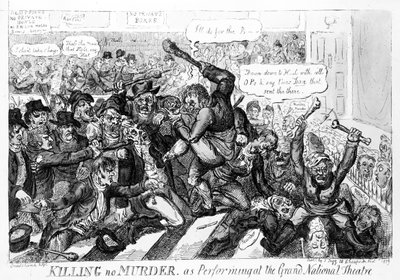 Killing no Murder, jako vystoupení ve Velkém národním divadle, 1809 od Isaac Robert Cruikshank