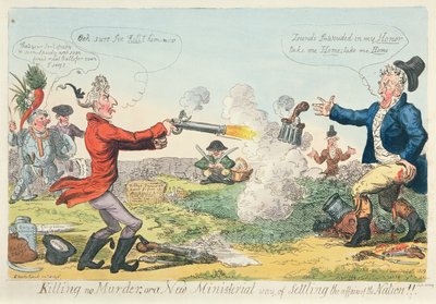 Killing no Murder, aneb nový ministerský způsob urovnání záležitostí národa!, 1809 (barevný lept) od Isaac Robert Cruikshank