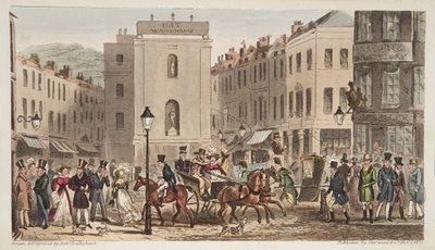 Milsom Street & Bond Street s Portréty Bath Swells, z The English Spy, vydáno Londýn, 1824 (ručně kolorovaná rytina) od Isaac Robert Cruikshank