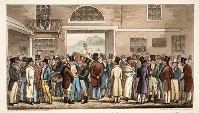 Pondělí po Velkém St Leger, aneb Heroes of the Turf Paying and Receiving at Tattersalls, od The English Spy, pub. 1824 (ručně kolorovaná rytina) od Isaac Robert Cruikshank