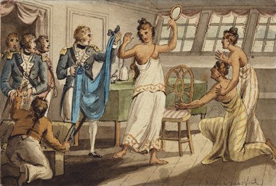 Otahitiano, ilustrace z „The Voyages of Captain Cook“ od Isaac Robert Cruikshank