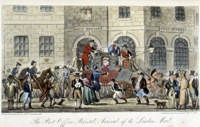 Post in London: The Post Office Bristol, Arrival of the London Mail - in „The English Spy““ od Charlese Molloy Westmacotta, kresba Robert Cruikshank, londýnské vydání od Isaac Robert Cruikshank