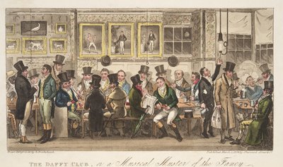The Daffy Club, aneb Musical Muster of the Fancy, od The English Spy, pub. 1824 (ručně kolorovaná rytina) od Isaac Robert Cruikshank