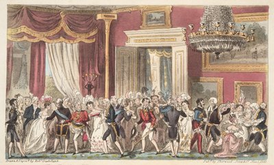 Večer v kruhové místnosti; nebo Squeeze at Carlton Palace, od The English Spy, pub. 1824 (ručně kolorovaná rytina) od Isaac Robert Cruikshank