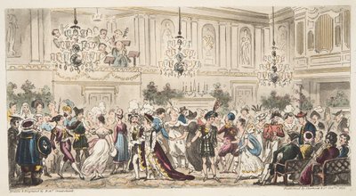 Fancy Ball at the Upper Rooms, Bath, od The English Spy, vydané v Londýně, 1824 od Isaac Robert Cruikshank