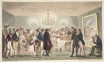 The Green Room of the Kings Theatre aneb Vznešení amatéři prohlížející zahraniční kuriozity, od The English Spy, pub. 1824 (ručně kolorovaná rytina) od Isaac Robert Cruikshank