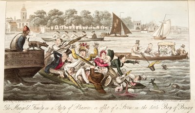 The Marigold Family on a Party of Pleasure, aneb efekt bouře v malém Biskajském zálivu, z hospody The English Spy. 1824 (ručně kolorovaná rytina) od Isaac Robert Cruikshank