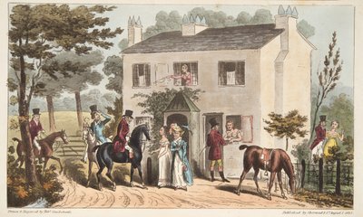 The Oakland Cottages, Cheltenham, aneb Lovci lišek a jejich oblíbenci, od The English Spy, pub. 1824 (ručně kolorovaná rytina) od Isaac Robert Cruikshank