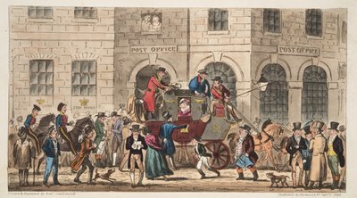 The Post Office Bristol, Arrival of the London Mail, od The English Spy, publikoval Londýn, 1824 od Isaac Robert Cruikshank