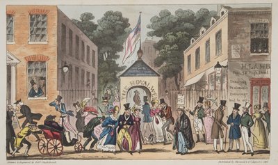 The Royal Wells, Cheltenham nebo Spasmodic náklonnosti od Spa Waters, od The English Spy, pub. 1824 (ručně kolorovaná rytina) od Isaac Robert Cruikshank
