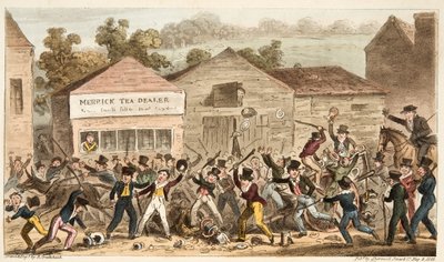 The Tea Pot Row at Harrow, aneb Battle of Hog Lane, od The English Spy, pub. 1824 (ručně kolorovaná rytina) od Isaac Robert Cruikshank