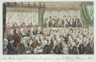 První letenka, první vystoupení Dicka Graduse mezi hodnostáři Westminster Hall, vydaná v roce 1824 od Isaac Robert Cruikshank
