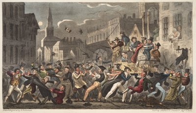 Town and Gown, od The English Spy, pub. 1824 (ručně kolorovaná rytina) od Isaac Robert Cruikshank