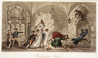 Westminster Frolics, z knihy The English Spy, pub. 1824 (ručně kolorovaná rytina) od Isaac Robert Cruikshank