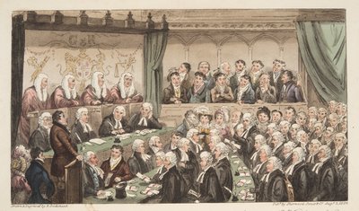 Westminster Hall, od The English Spy, hospoda. 1824 (ručně kolorovaná rytina) od Isaac Robert Cruikshank