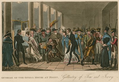 Před budovou opery; galantnost Toma a Jerryho od Isaac, Robert and George Cruikshank