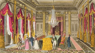 Tom, Jerry a Logic na návštěvě Carlton House, z „Life in London“ od Pierce Egana, 1821-22 (barevná akvatinta) od Isaac, Robert and George Cruikshank