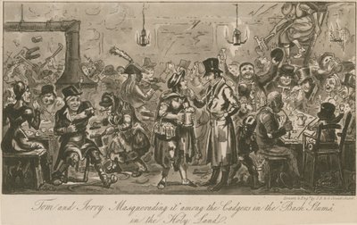 Tom a Jerry to maskují mezi cadgery v „zadních slumech“ ve Svaté zemi od Isaac, Robert and George Cruikshank