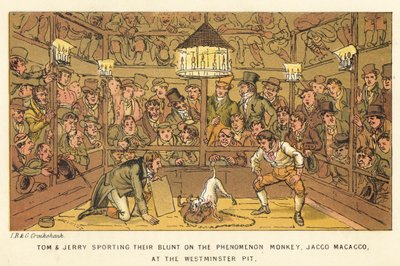 Tom a Jerry si ve Westminster Pit dávají tupý dým na opici Phenomenon Monkey, Jacco Macacco. od Isaac, Robert and George Cruikshank